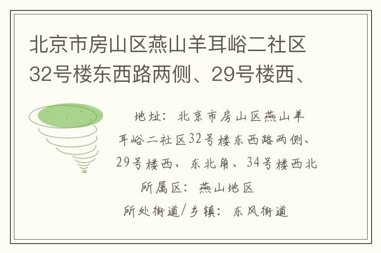 北京市房山區(qū)燕山羊耳峪二社區(qū)32號樓東西路兩側、29號樓西、東北角、34號樓西北