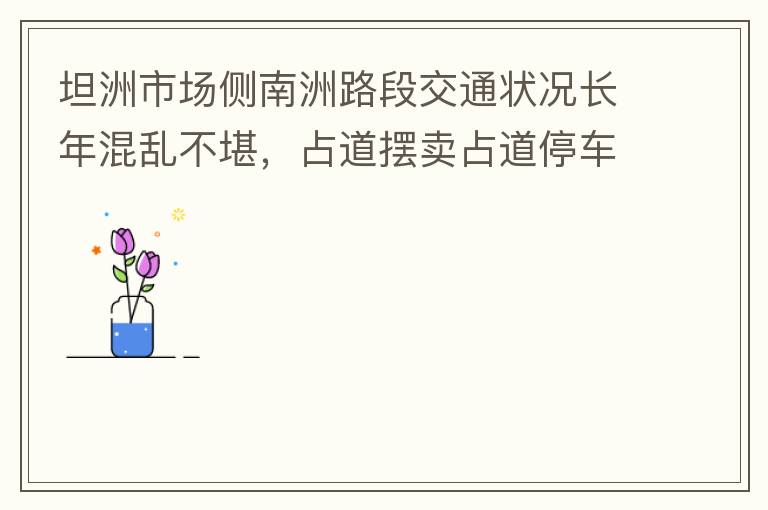 坦洲市場側南洲路段交通狀況長年混亂不堪，占道擺賣占道停車嚴重，時有機動車逆行，非機動車更是隨意逆行，順行機動車與非機動車混行緩慢，沒各行其道。南洲路與大興路平交路口沒有規(guī)劃好，交通擁堵是常態(tài)，即時有交